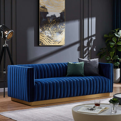 Marcus Luxury Tight Back Blue Velvet Couch