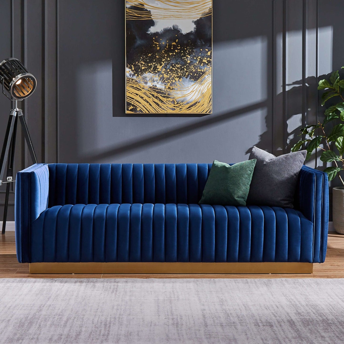 Marcus Mid-Century Modern Luxury Tight Back Blue Velvet Couch