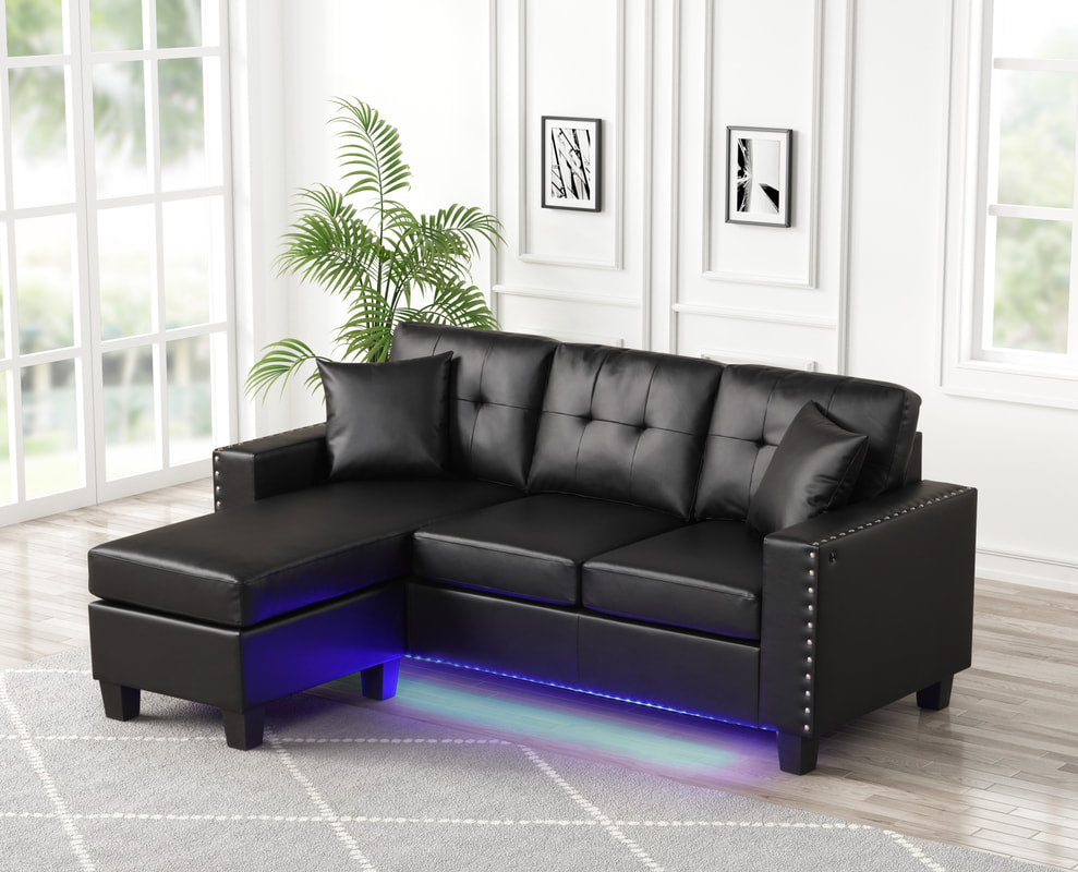 Messi Black PU LED Reversible Sectional