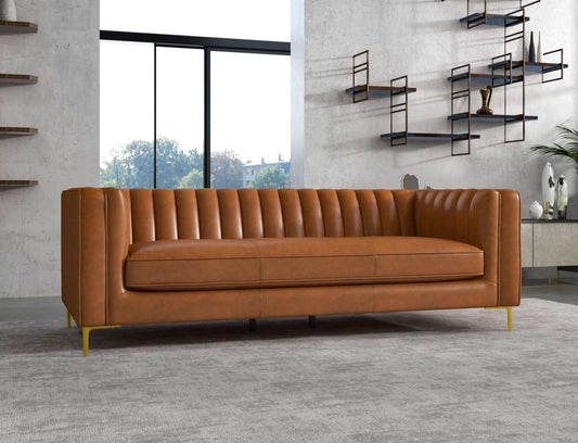 Angelina 84" Cognac Genuine Leather Channel Tufted Sofa