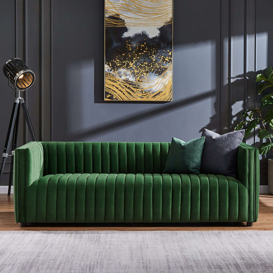 Dominic Channel Tufted Green Velvet Sofa