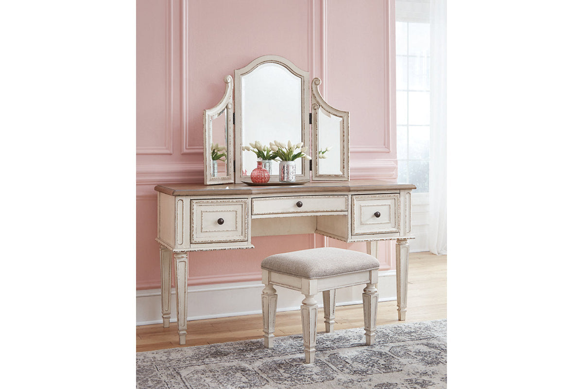 Realyn Two-tone Vanity and Mirror with Stool