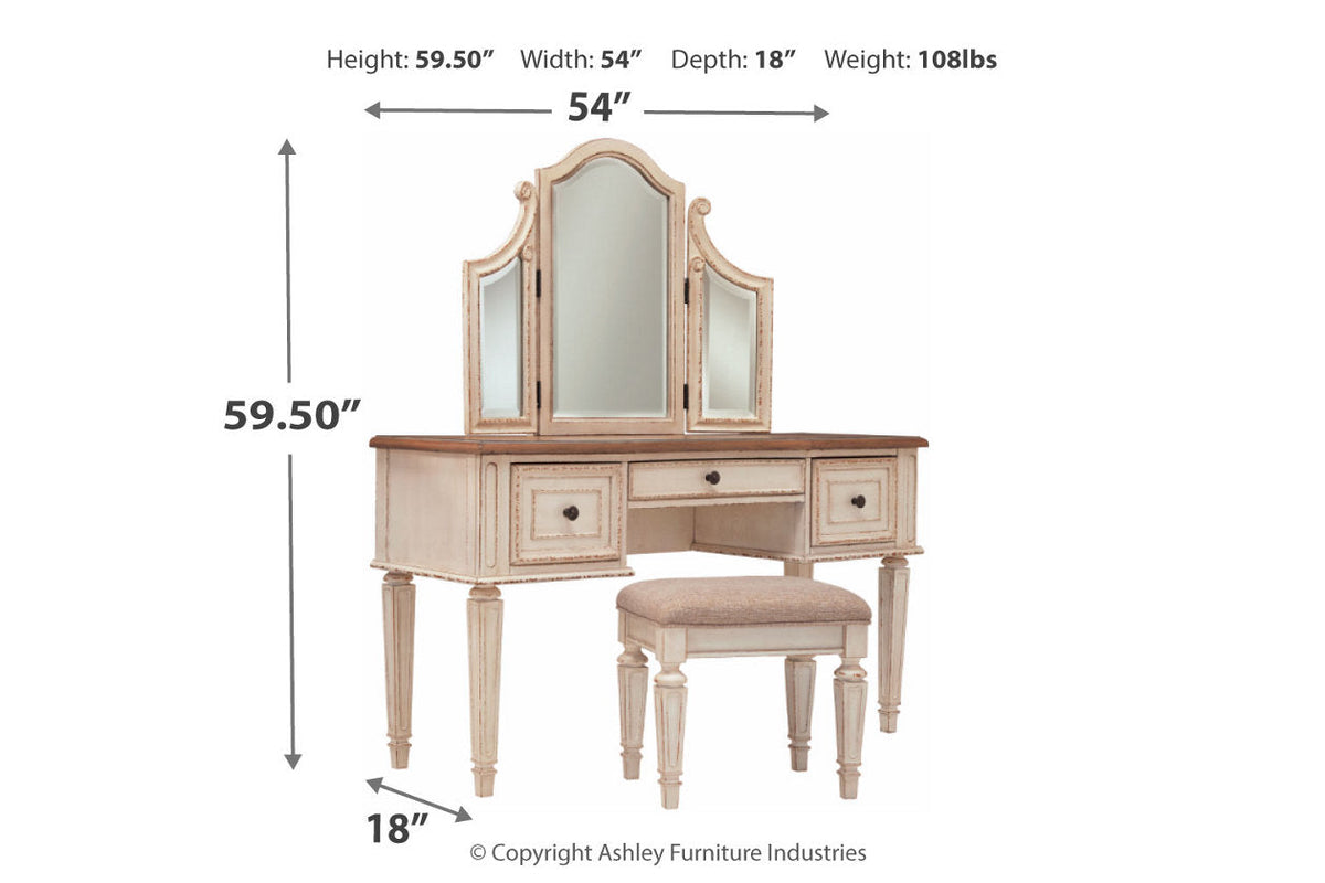 Realyn Two-tone Vanity and Mirror with Stool