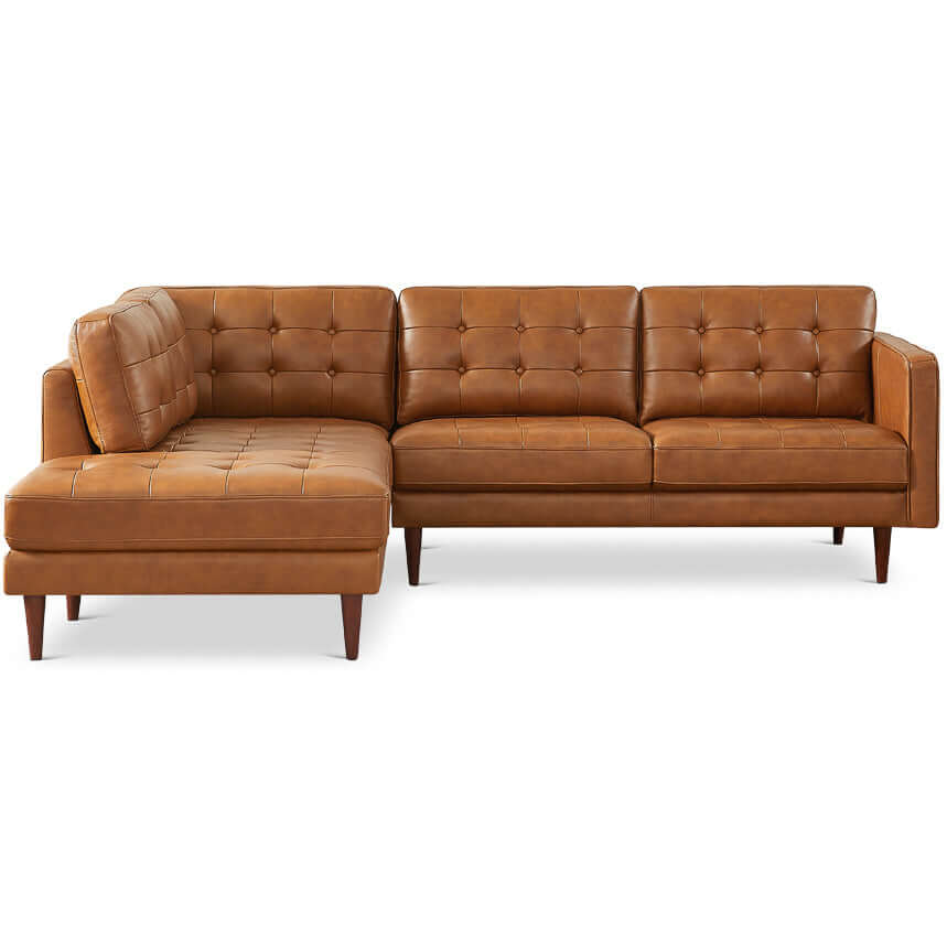 Lucco Cognac Modern L-Shaped Genuine Leather LAF Sectional