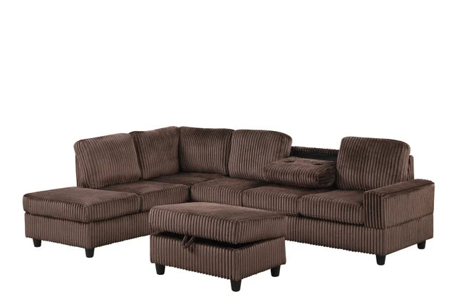 Heights51 Chocolate Cord Fabric Reversible Sectional with Storage Ottoman