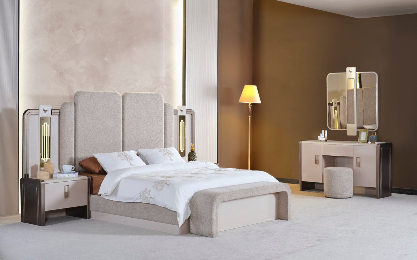 Nirvana Luxury Bedroom Set (Bed & Dresser With Mirror & Ottoman & 2 Nightstand With Back )