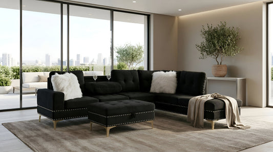 JoyII Black Velvet Reversible Sectional with Ottoman S123