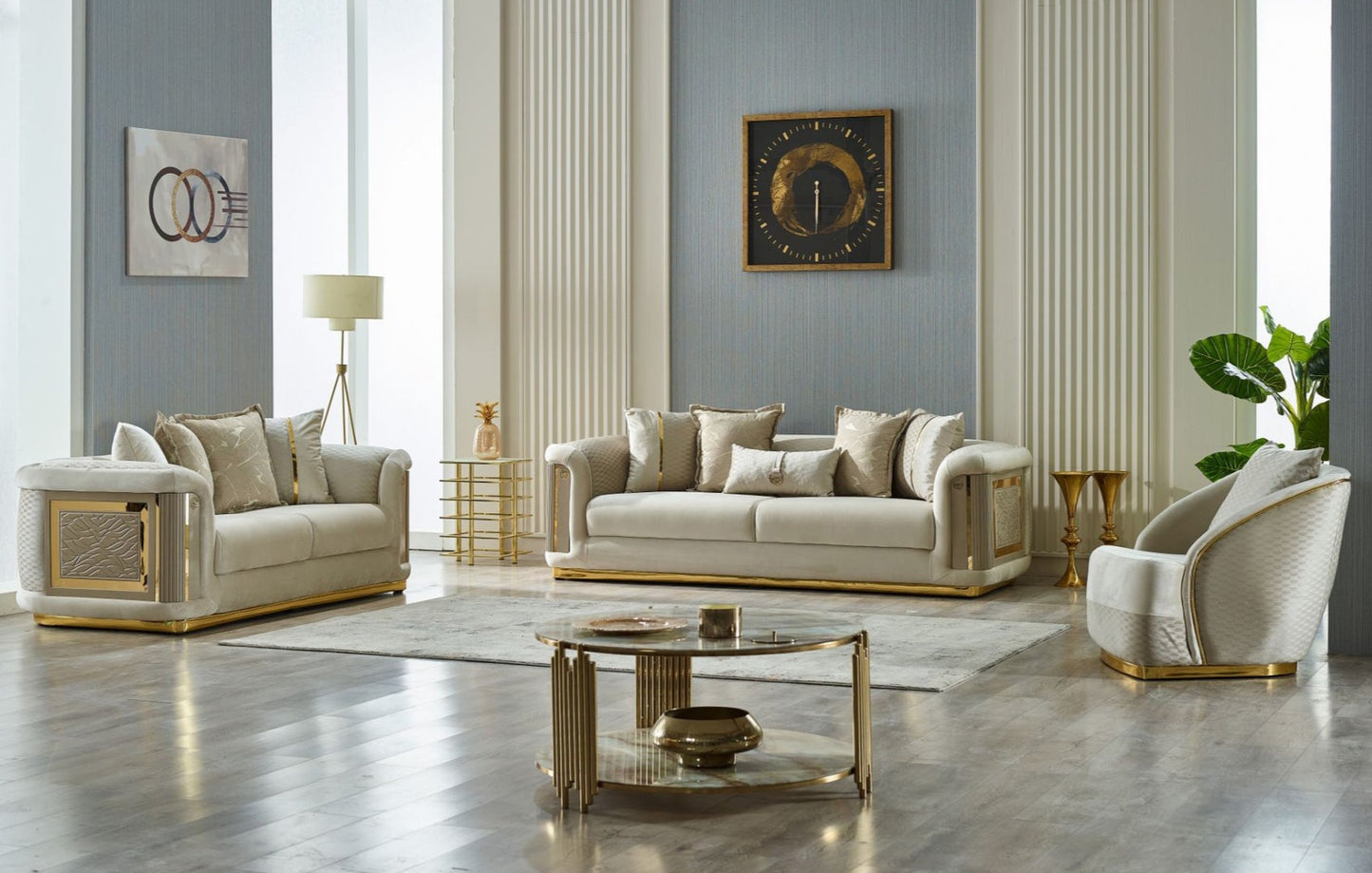 Elegance 3-pieces (Sofa & Loveseat & Chair) Livingroom Set Cream