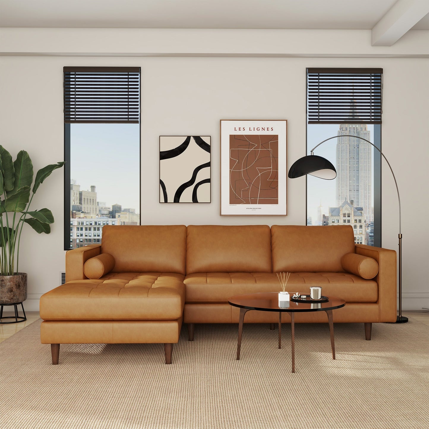 Anthony 101" Tan Leather L Shape Corner LAF Sectional
