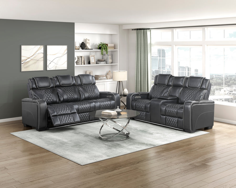 Apex Black TOP GRAIN LEATHER/POWER/LED/MASSAGE Reclining Set 8449