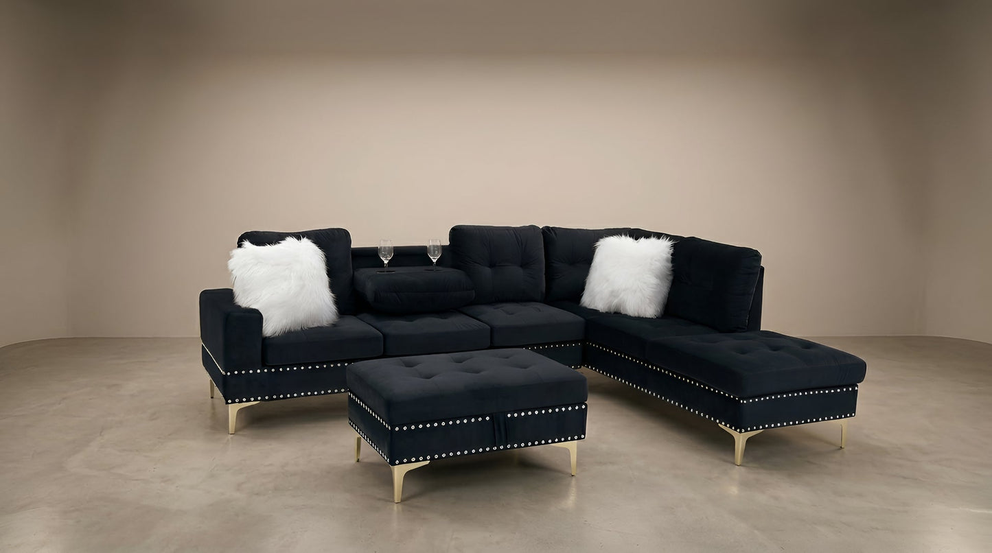 JoyII Black Velvet Reversible Sectional with Ottoman S123