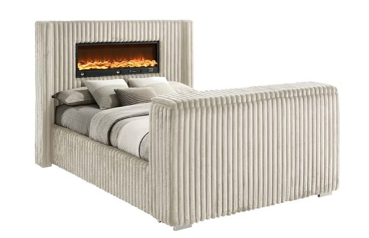 Henley Cream Corduroy FIREPLACE/TV STAND/BLUETOOTH SPEAKERS King Bed B2040