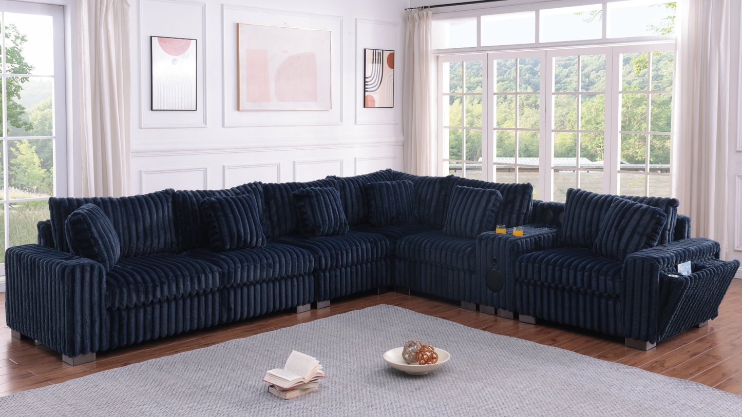 Snuggle Station Blue Corduroy BLUETOOTH SPEAKERS 7pc Sectional  S329