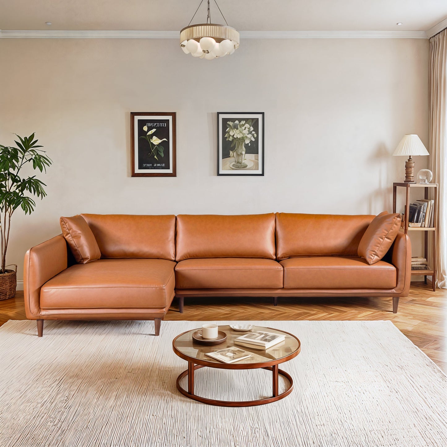 Monroe Cognac Vegan Leather Left-Facing 116.5"Sectional