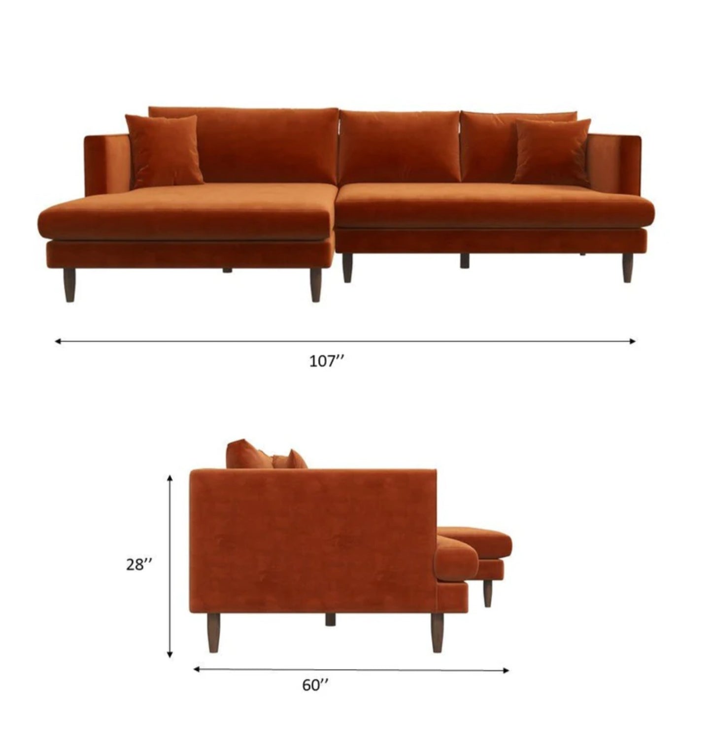 Blake 107" Orange L-Shaped Sectional Sofa Right Facing