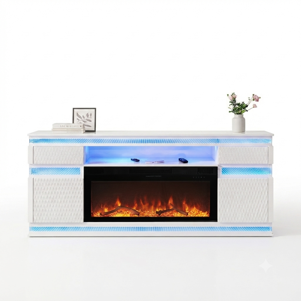 A-W036 White LED/BLUETOOTH SPEAKERS TV Stand Fireplace