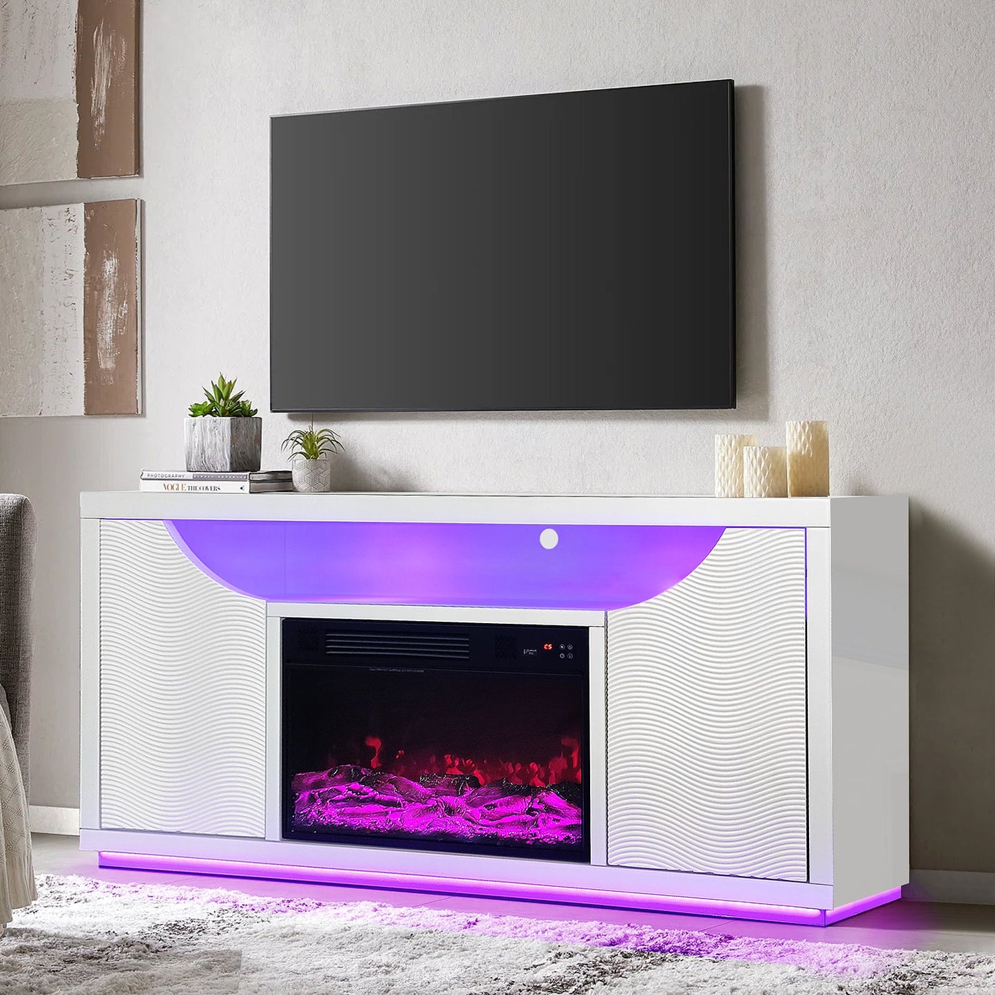 Maya White 63" Fireplace TV Stand A-F07