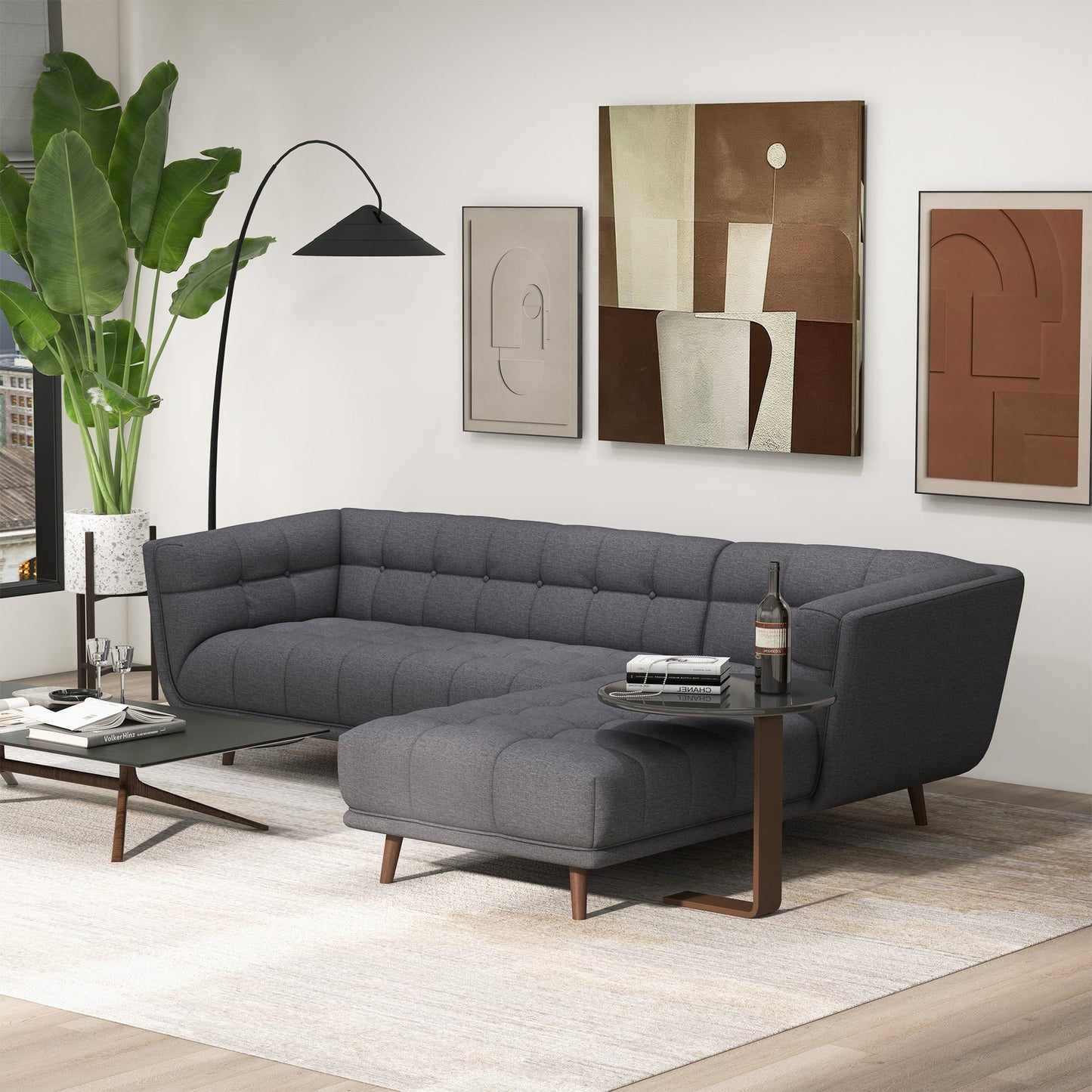 Addison 103" Grey Fabric L Shape Tufted Sectional
