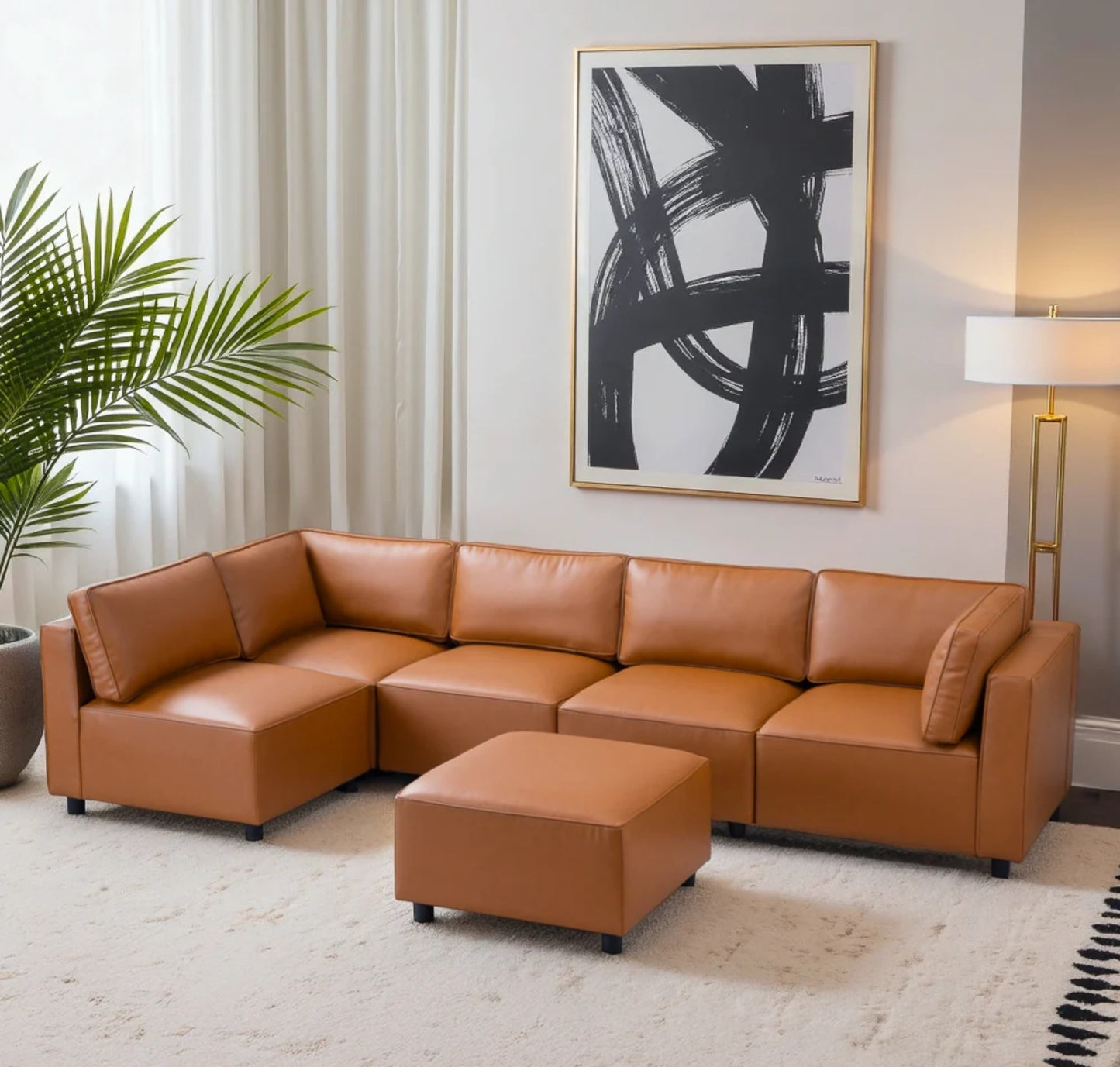 Reno Cognac Vegan Leather Modular Sofa