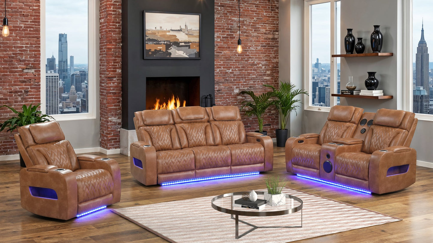Skyline Brown POWER/LED/BLUETOOTH SPEAKERS 3pc Reclining Set