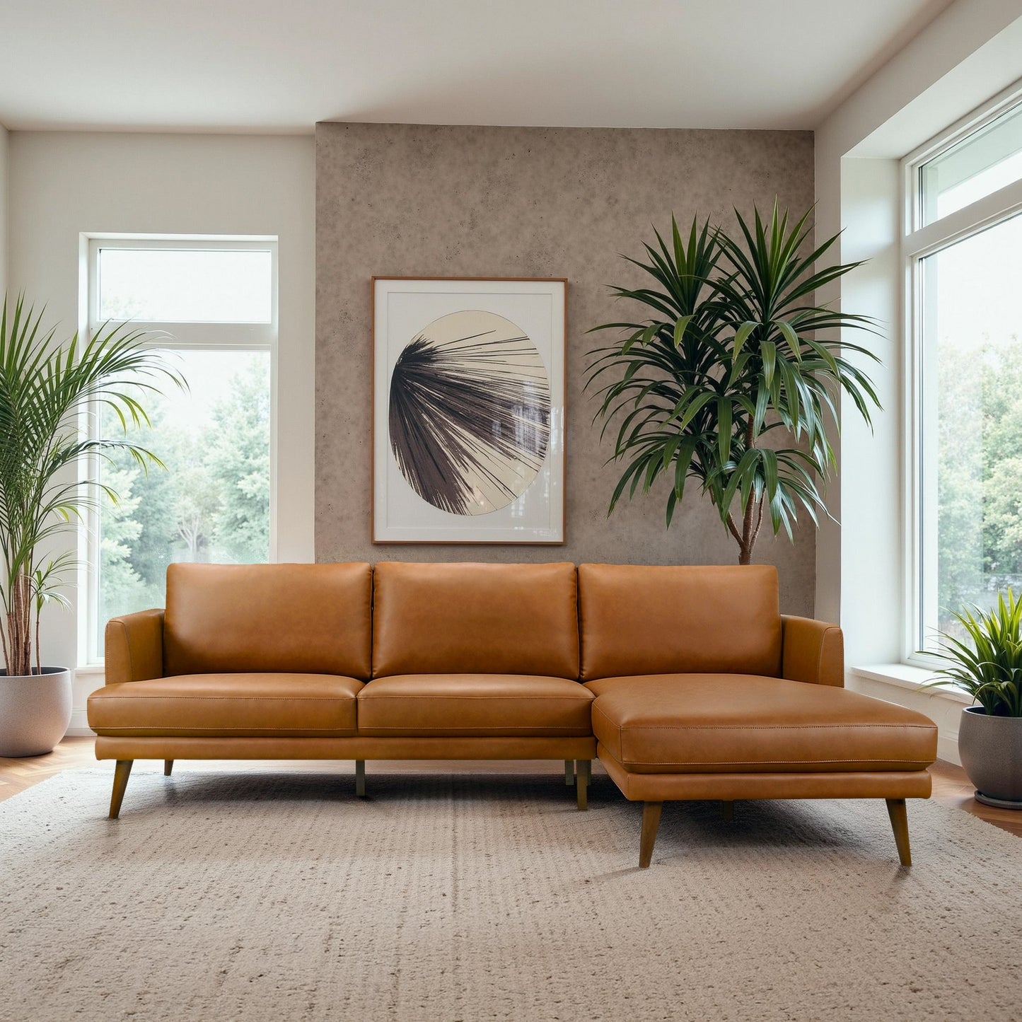 Lore Tan L-Shaped Genuine Leather RAF Sectional