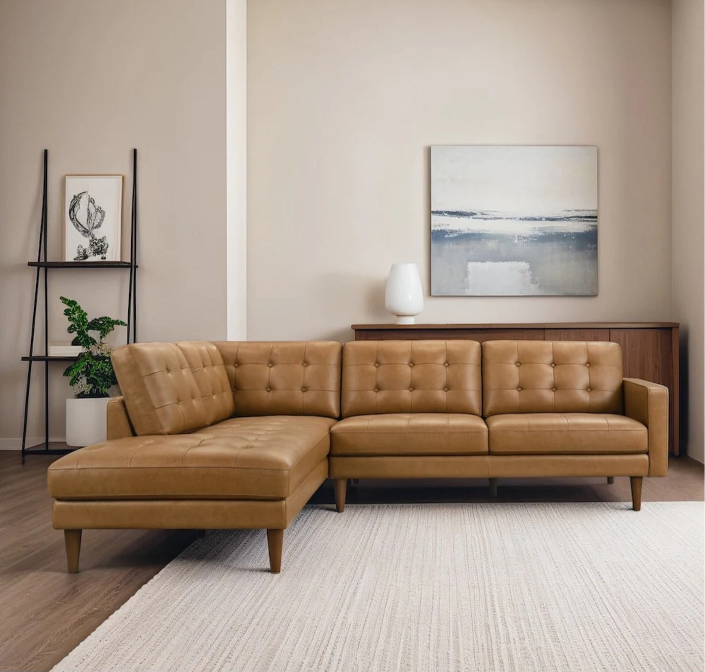 Lucco Cognac Modern L-Shaped Genuine Leather LAF Sectional