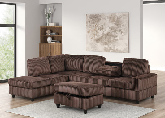 Heights51 Chocolate Cord Fabric Reversible Sectional with Storage Ottoman