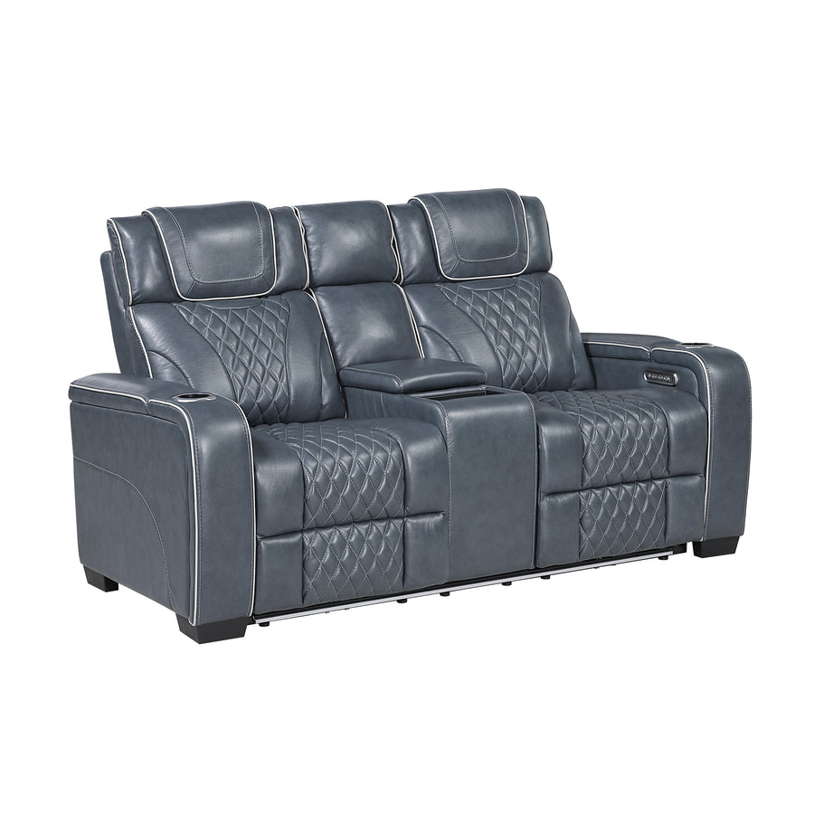 Apex Blue TOP GRAIN LEATHER/POWER/LED/MASSAGE Reclining Set 8449