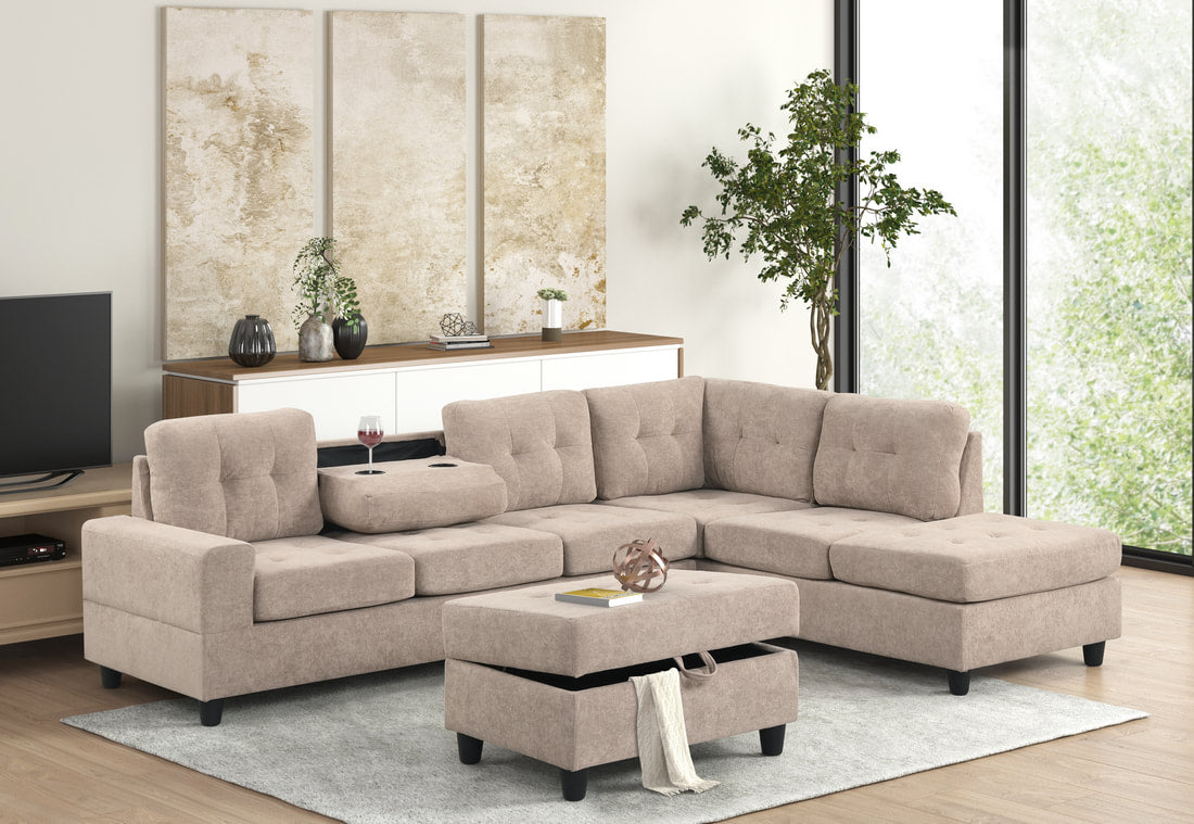 Heights49 Beige Fabric Reversible Sectional with Ottoman