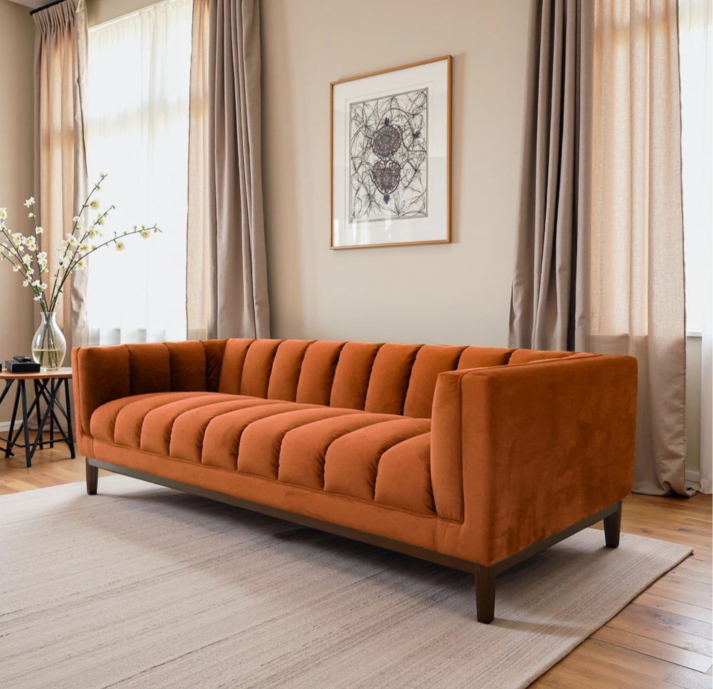 Melissa 91" Mid-Century Modern Orange Velvet Sofa