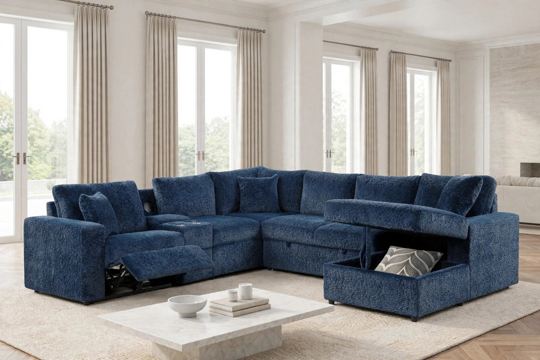 Hunter Blue Fabric BLUETOOTH SPEAKERS Pull Out Bed   Sectional