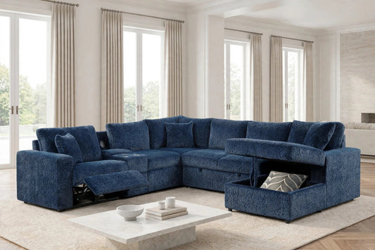 Hunter Blue Fabric BLUETOOTH SPEAKERS Pull Out Bed   Sectional