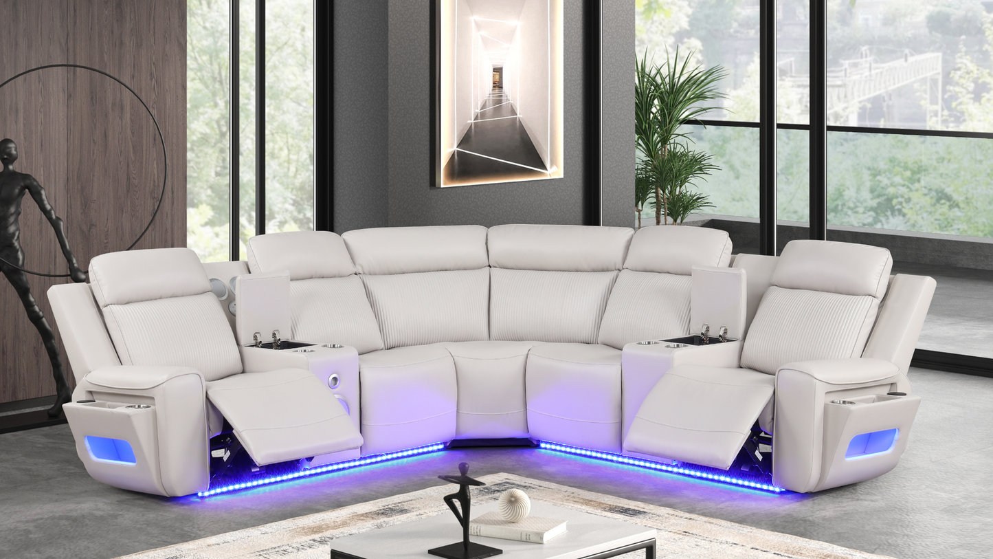 Galaxy Sand Leather POWER/BLUETOOTH SPEAKERS/LED Reclining Sectional S3550