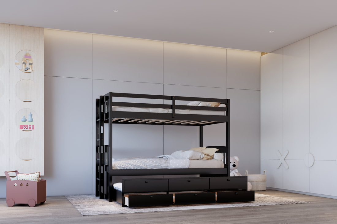 BB42 TWIN/TWIN Black Bunk Bed w/Twin Trundle + 3 Drawers