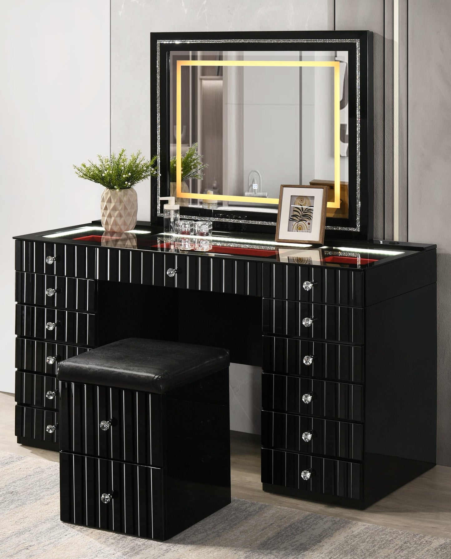 Gloria Black LED Vanity Set with Stool