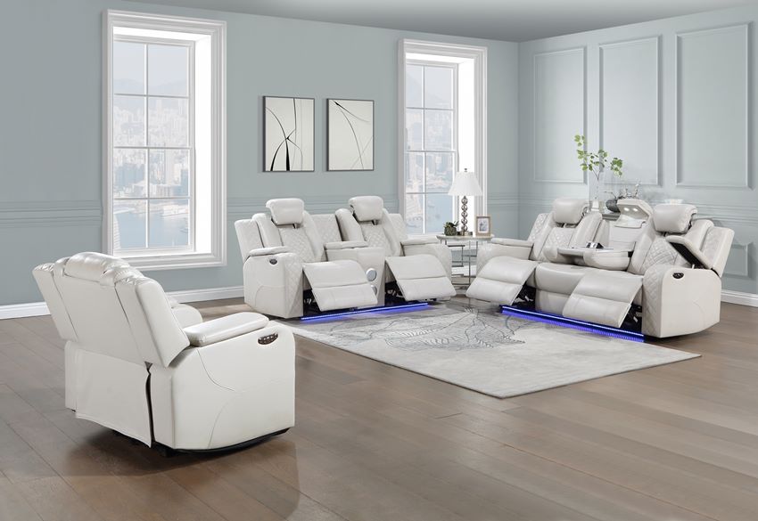 Radiant Grey POWER/LED/BLUETOOTH SPEAKERS Reclining Sofa and Loveseat SH8895