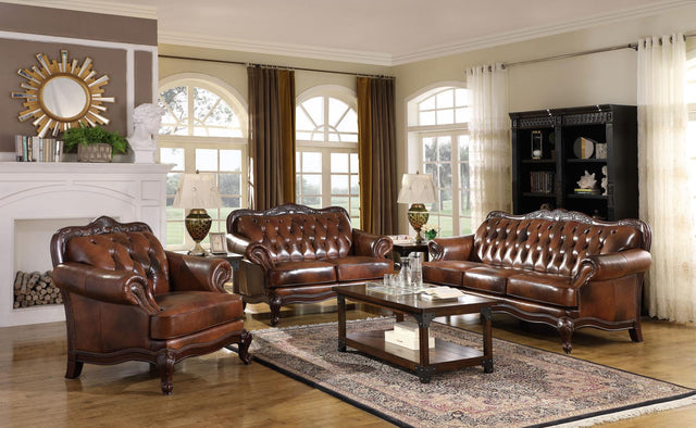 Victoria Brown Upholstered Tufted TOP GRAIN LEATHER Living Room Set 50068 981-03