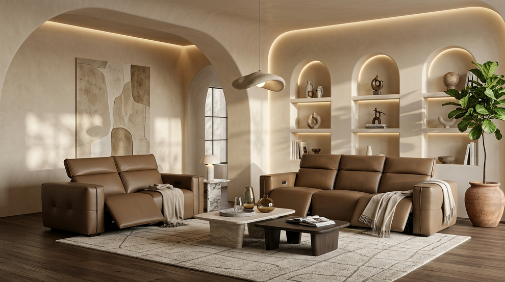 Ember Brown Italian Leather/Match POWER Reclining Sofa and Loveseat (3+2) MI-2500