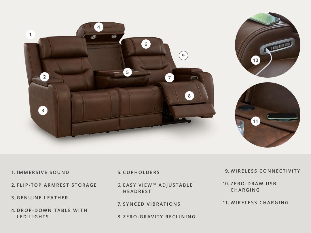 Dreamer Brown Genuine Leather Power Reclining Living Room Set with Audio Seating