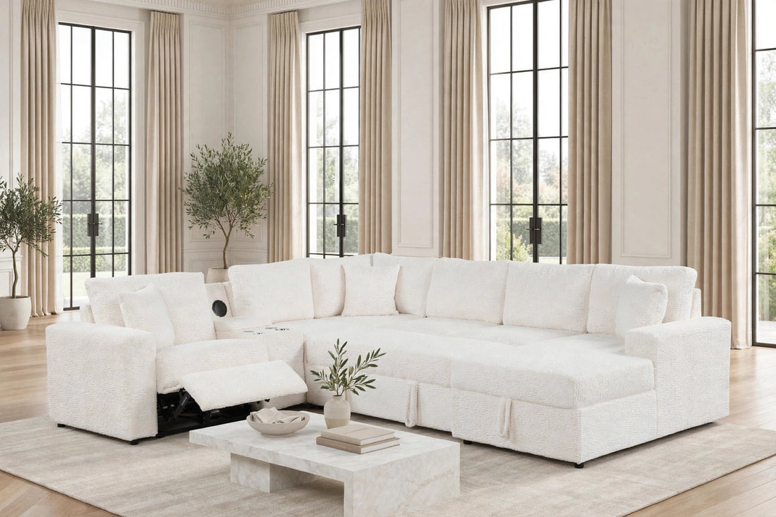 Hunter White Fabric BLUETOOTH SPEAKERS Pull Out Bed   Sectional