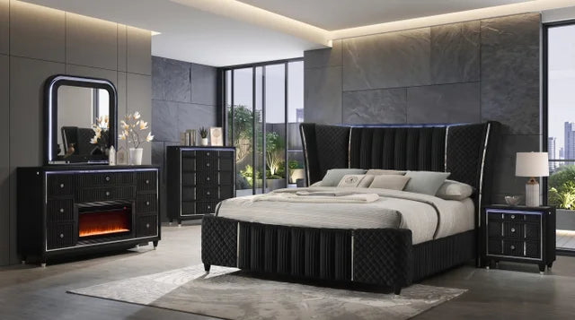 Cleopatra Black FIREPLACE/LED/HEATING Bedroom Set