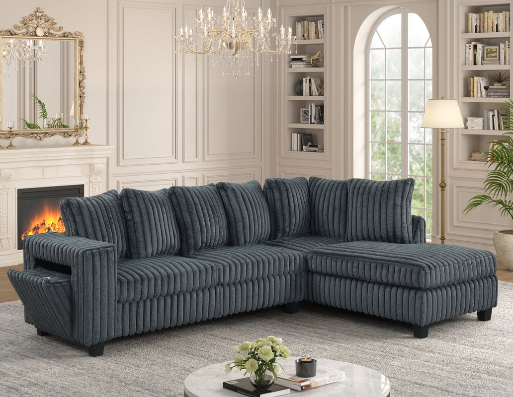 Charcoal Corduroy Fabric Reversible Sectional 516