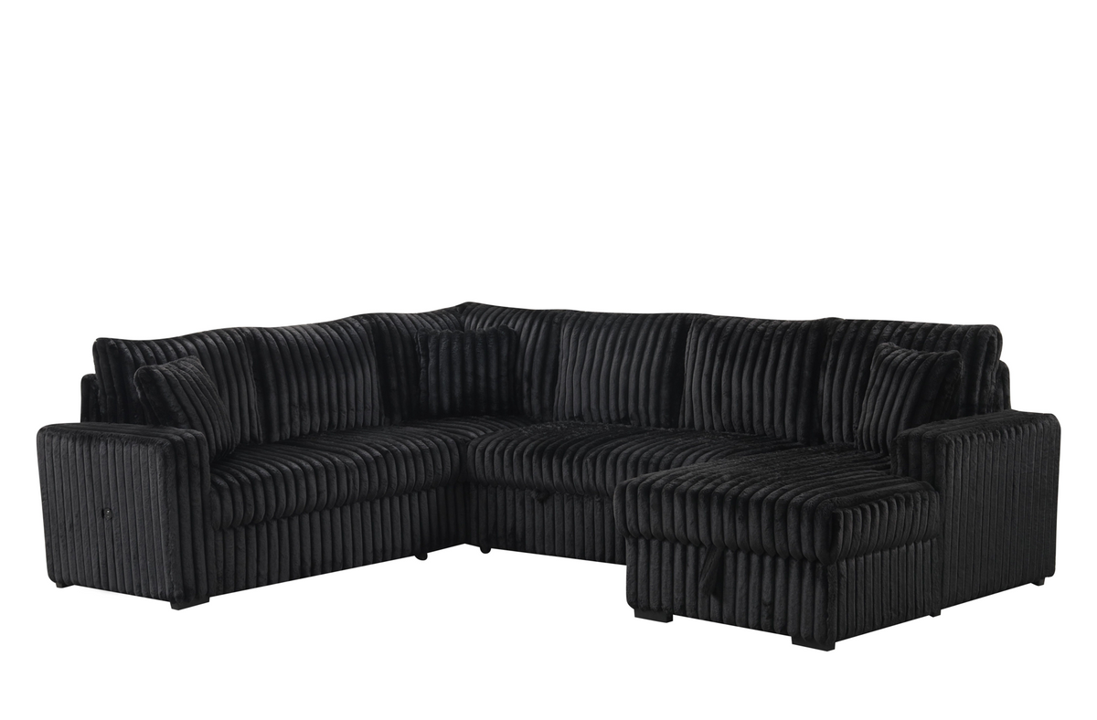 Raha II Black Corduroy Pull-Out Bed Sectional