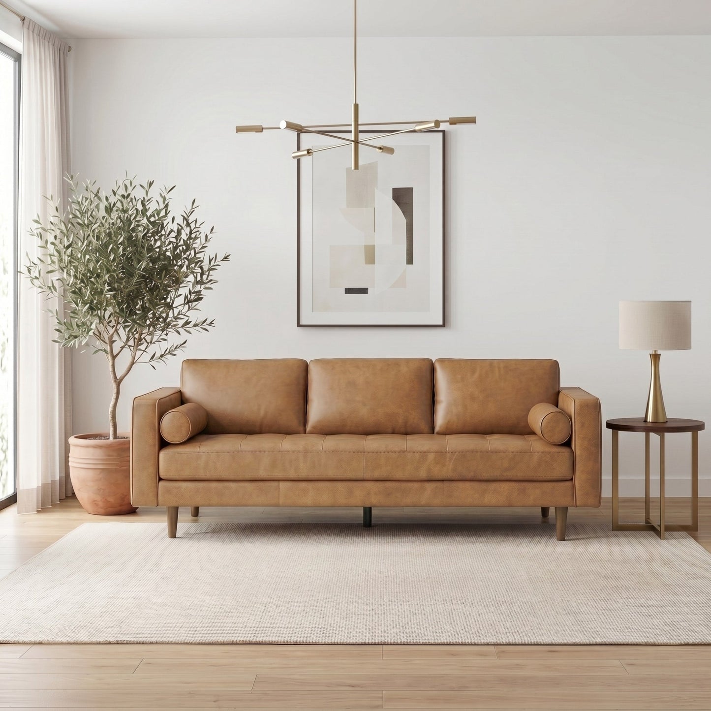Catherine Tan Leather Mid-Century Modern Sofa
