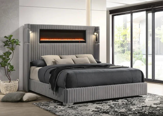 Romance2 Grey Fireplace/BlutoothSpeakers Queen Platform Bed