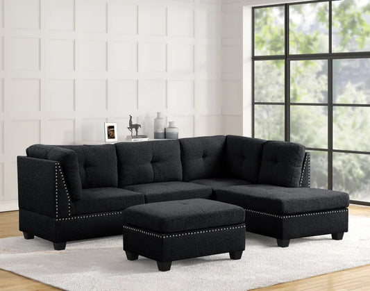 Sienna Black Boucle Sectional with Ottoman