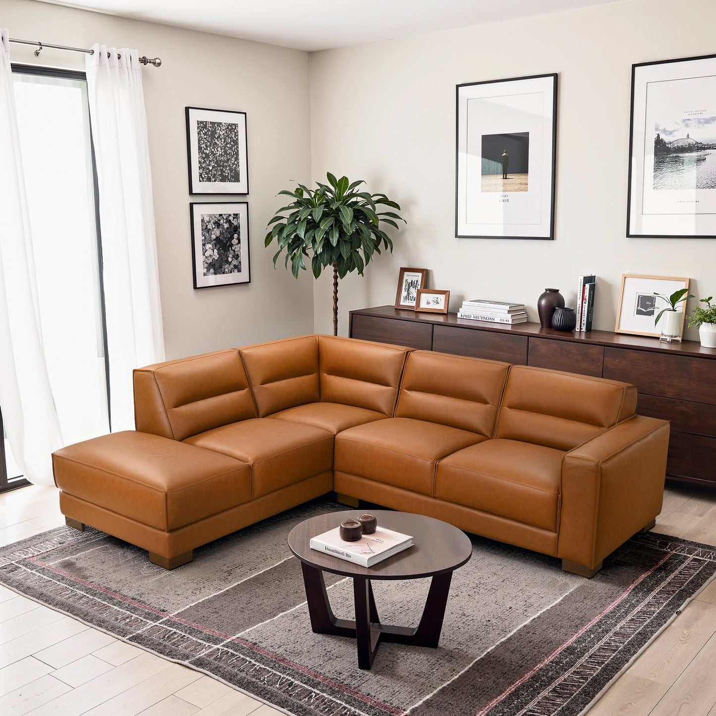 Muncie L-Shaped Sofa with Plush Cushions & Walnut Wood Legs