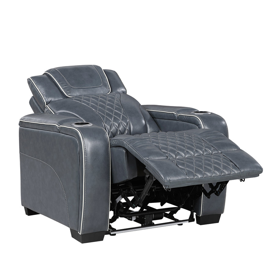 Apex Blue TOP GRAIN LEATHER/POWER/LED/MASSAGE Reclining Set 8449