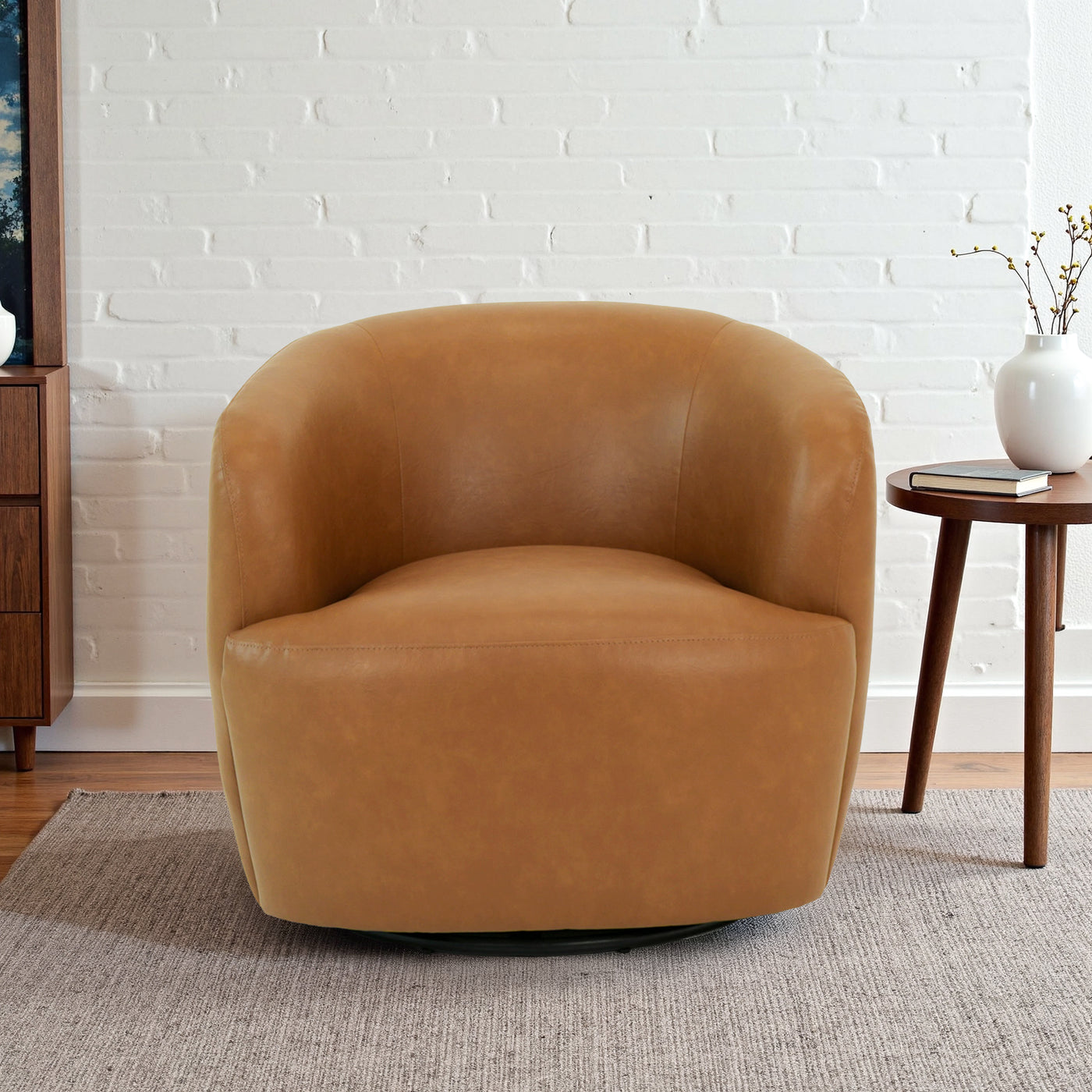 Mina 32" W Tan Vegan Leather Upholstered Swivel Barrel Chair