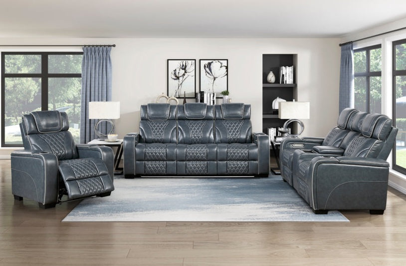 Apex Blue TOP GRAIN LEATHER/POWER/LED/MASSAGE Reclining Set 8449